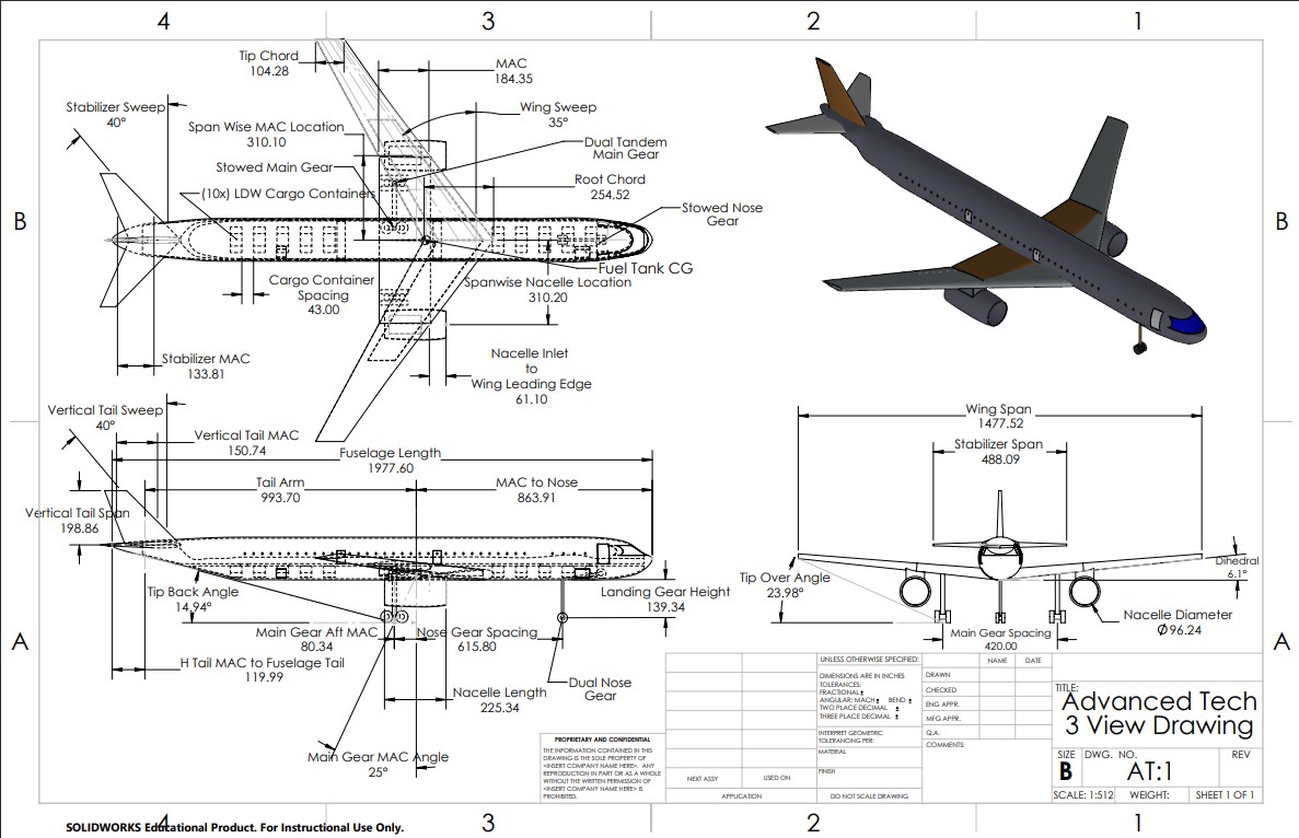 Commercial Aircraft 3-View Technical Drawing